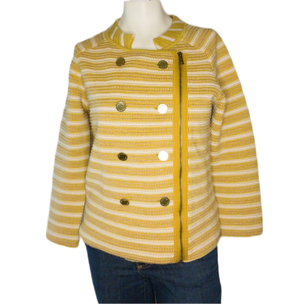 Tory Burch Mustard Yellow Textured Stripe Wool Assymetrical Zipper Jacket Medium